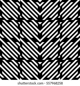 Vector seamless pattern. Decorative element, design template with diagonal striped black and white lines. Background, texture with mechanical geometry. Structural industrial tiles for lattice, grille
