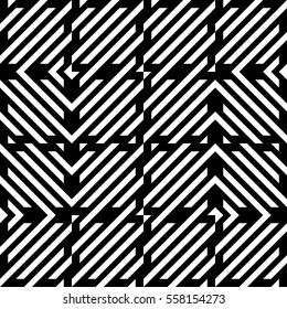 Vector seamless pattern. Decorative element, design template with diagonal striped black and white lines. Background, texture with mechanical geometry. Structural industrial tiles for lattice, grille