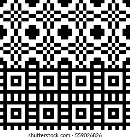 Vector seamless pattern. Decorative element, design template with pixel black and white motifs. Background, texture with optical illusion effect. Ethnic tribal traditional tracery for fabric swatch.