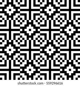 Vector seamless pattern. Decorative element, design template with pixel black and white motifs. Background, texture with optical illusion effect. Ethnic tribal traditional tracery for fabric swatch.