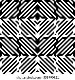 Vector seamless pattern. Decorative element, design template with diagonal striped black and white lines. Background, texture with mechanical geometry. Structural industrial tiles for lattice, grille