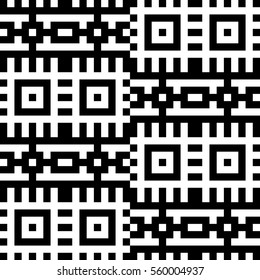 Vector seamless pattern. Decorative element, design template with pixel black and white motifs. Background, texture with optical illusion effect. Ethnic tribal traditional tracery for fabric swatch.