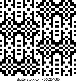 Vector seamless pattern. Decorative element, design template with pixel black and white motifs. Background, texture with optical illusion effect. Ethnic tribal traditional tracery for fabric swatch.