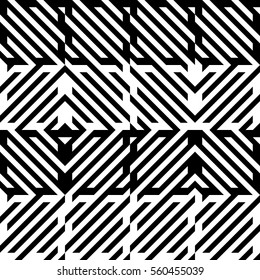 Vector seamless pattern. Decorative element, design template with diagonal striped black and white lines. Background, texture with mechanical geometry. Structural industrial tiles for lattice, grille
