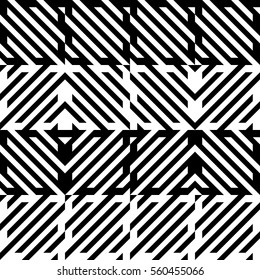 Vector seamless pattern. Decorative element, design template with diagonal striped black and white lines. Background, texture with mechanical geometry. Structural industrial tiles for lattice, grille