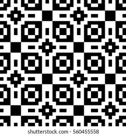 Vector seamless pattern. Decorative element, design template with pixel black and white motifs. Background, texture with optical illusion effect. Ethnic tribal traditional tracery for fabric swatch.