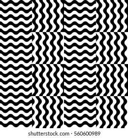 Vector seamless pattern. Decorative element, design template with striped black and white wave curve lines. Background, texture with optical illusion effect. Wind dynamic tiles in op art style.
