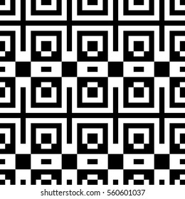 Vector seamless pattern. Decorative element, design template with pixel black and white motifs. Background, texture with optical illusion effect. Ethnic tribal traditional tracery for fabric swatch.