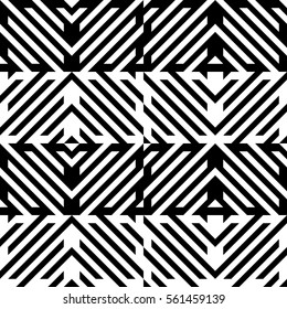 Vector seamless pattern. Decorative element, design template with diagonal striped black and white lines. Background, texture with mechanical geometry. Structural industrial tiles for lattice, grille