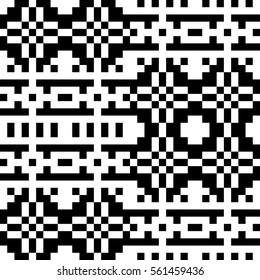 Vector seamless pattern. Decorative element, design template with pixel black and white motifs. Ethnic folk national tracery for fabric swatch. Background, texture with optical illusion effect.