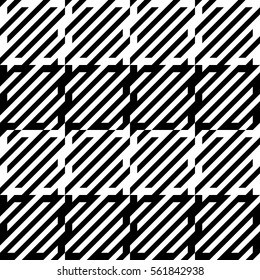 Vector seamless pattern. Decorative element, design template with diagonal striped black and white lines. Background, texture with mechanical geometry. Structural industrial tiles for lattice, grille