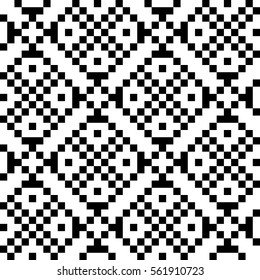 Vector seamless pattern. Decorative element, design template with pixel black and white motifs. Ethnic folk national tracery for fabric swatch. Background, texture with optical illusion effect.