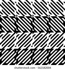 Vector seamless pattern. Decorative element, design template with diagonal striped black and white lines. Background, texture with mechanical geometry. Structural industrial tiles for lattice, grille