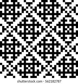 Vector seamless pattern. Decorative element, design template with pixel black and white motifs. Ethnic folk national tracery for fabric swatch. Background, texture with optical illusion effect.