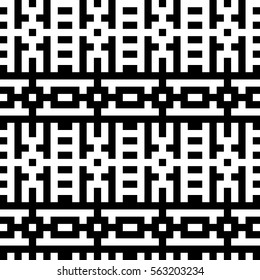 Vector seamless pattern. Decorative element, design template with pixel black and white motifs. Background, texture with optical illusion effect. Ethnic tribal traditional tracery for fabric swatch.
