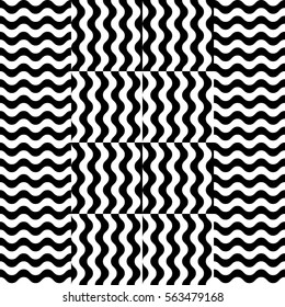 Vector seamless pattern. Decorative element, design template with striped black and white wave curve lines. Background, texture with optical illusion effect. Sea dynamic tiles in op art style.