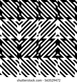 Vector seamless pattern. Decorative element, design template with diagonal striped black and white lines. Background, texture with mechanical geometry. Structural industrial tiles for lattice, grille