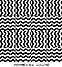 Vector seamless pattern. Decorative element, design template with striped black and white wave curve lines. Background, texture with optical illusion effect. Wind dynamic tiles in op art style.