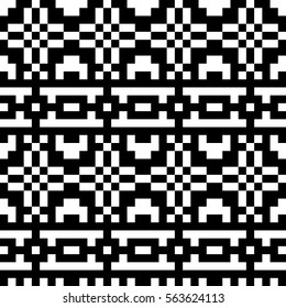 Vector seamless pattern. Decorative element, design template with pixel black and white motifs. Background, texture with optical illusion effect. Ethnic tribal traditional tracery for fabric swatch.