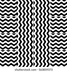 Vector seamless pattern. Decorative element, design template with striped black and white wave curve lines. Background, texture with optical illusion effect. Sea dynamic tiles in op art style.