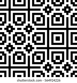 Vector seamless pattern. Decorative element, design template with pixel black and white motifs. Background, texture with optical illusion effect. Ethnic tribal traditional tracery for fabric swatch.