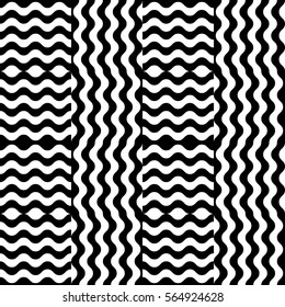 Vector seamless pattern. Decorative element, design template with striped black and white wave curve lines. Background, texture with optical illusion effect. Wind dynamic tiles in op art style.