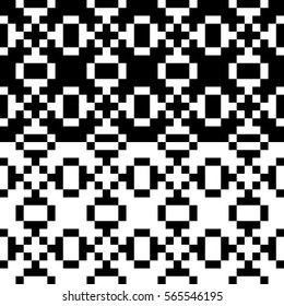 Vector seamless pattern. Decorative element, design template with pixel black and white motifs. Ethnic folk national tracery for fabric swatch. Background, texture with optical illusion effect.