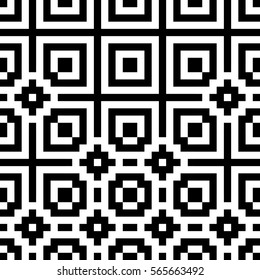 Vector seamless pattern. Decorative element, design template with pixel black and white motifs. Background, texture with optical illusion effect. Ethnic tribal traditional tracery for fabric swatch.