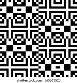 Vector seamless pattern. Decorative element, design template with pixel black and white motifs. Background, texture with optical illusion effect. Ethnic tribal traditional tracery for fabric swatch.