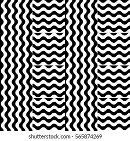 Vector seamless pattern. Decorative element, design template with striped black and white wave curve lines. Background, texture with optical illusion effect. Wind dynamic tiles in op art style.