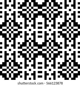 Vector seamless pattern. Decorative element, design template with pixel black and white motifs. Background, texture with optical illusion effect. Ethnic tribal traditional tracery for fabric swatch.