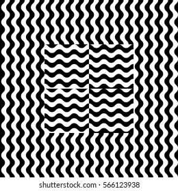 Vector seamless pattern. Decorative element, design template with striped black and white wave curve lines. Background, texture with optical illusion effect. Flame dynamic tiles in op art style.