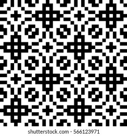 Vector seamless pattern. Decorative element, design template with pixel black and white motifs. Ethnic folk national tracery for fabric swatch. Background, texture with optical illusion effect.