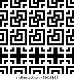 Vector seamless pattern. Decorative element, design template with striped black and white lines and squares. Background, texture with abstract geometry. Structural industrial tiles for parquet swatch