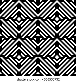 Vector seamless pattern. Decorative element, design template with diagonal striped black and white lines. Background, texture with mechanical geometry. Structural industrial tiles for lattice, grille