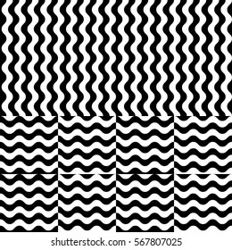 Vector seamless pattern. Decorative element, design template with striped black and white wave curve lines. Background, texture with optical illusion effect. Water dynamic tiles in op art style.