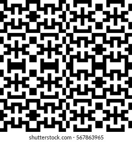 Vector seamless pattern. Decorative element, design template with pixel black and white motifs. Ethnic folk national tracery for fabric swatch. Background, texture with optical illusion effect.