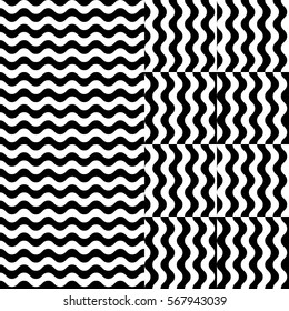 Vector seamless pattern. Decorative element, design template with striped black and white wave curve lines. Background, texture with optical illusion effect. Water dynamic tiles in op art style.