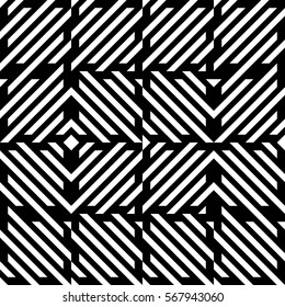 Vector seamless pattern. Decorative element, design rapport with diagonal striped black white lines. Background, texture with mechanical geometry. Structural industrial tiles for lattice, grille