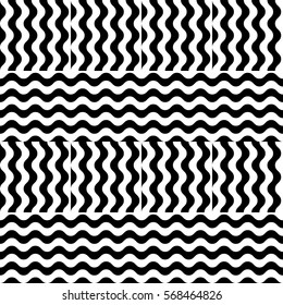 Vector seamless pattern. Decorative element, design template with striped black white wave curve lines. Background, texture with optical illusion effect. Dynamic tiles in op art style.