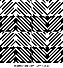 Vector seamless pattern. Decorative element, design template with diagonal striped black and white lines. Background, texture with mechanical geometry. Structural industrial tiles for lattice, grille