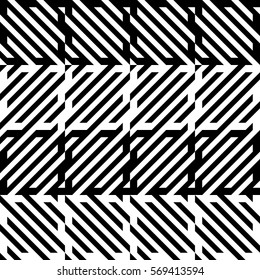 Vector seamless pattern. Decorative element, design template with diagonal striped black and white lines. Background, texture with mechanical geometry. Structural industrial tiles for lattice, grille