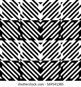 Vector seamless pattern. Decorative element, design template with diagonal striped black and white lines. Background, texture with mechanical geometry. Structural industrial tiles for lattice, grille