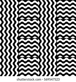 Vector seamless pattern. Decorative element, design template with striped black and white wave curve lines. Background, texture with optical illusion effect. Wind dynamic tiles in op art style.