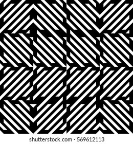 Vector seamless pattern. Decorative element, design template with diagonal striped black and white lines. Background, texture with mechanical geometry. Structural industrial tiles for lattice, grille