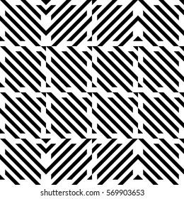 Vector seamless pattern. Decorative element, design template with diagonal striped black and white lines. Background, texture with mechanical geometry. Structural industrial tiles for lattice, grille