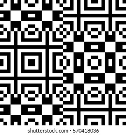 Vector seamless pattern. Decorative element, design template with pixel black and white motifs. Background, texture with optical illusion effect. Ethnic tribal traditional tracery for fabric swatch.