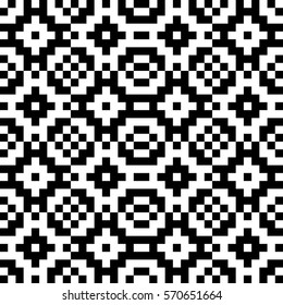 Vector seamless pattern. Decorative element, design template with pixel black and white motifs. Background, texture with optical illusion effect. Ethnic tribal traditional tracery for fabric swatch.