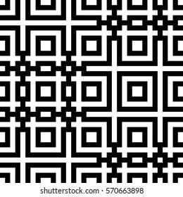 Vector seamless pattern. Decorative element, design template with pixel black and white motifs. Background, texture with optical illusion effect. Ethnic tribal traditional tracery for fabric swatch.