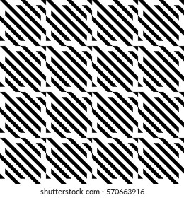 Vector seamless pattern. Decorative element, design template with diagonal striped black and white lines. Background, texture with mechanical geometry. Structural industrial tiles for lattice, grille